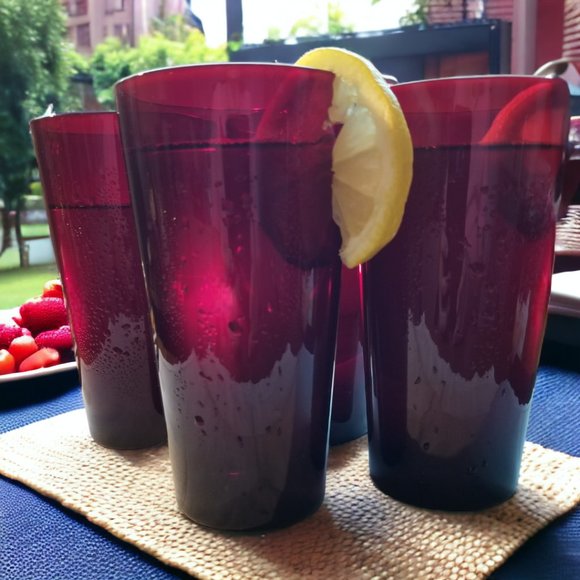 Ruby Red Highball Cocktails Glasses Set of-4 MCM Beverage Tumblers - Picture 4 of 9